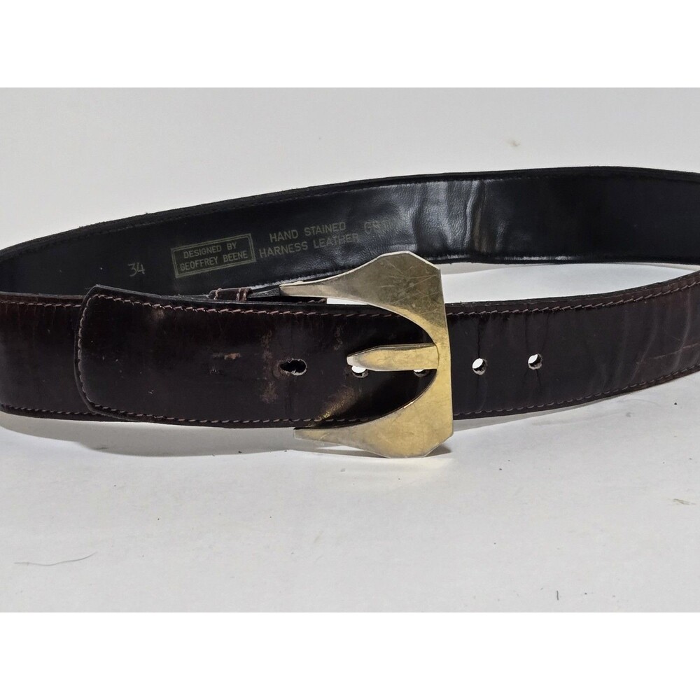 Vintage Geoffrey Beene Leather Belt Mens 34 Brown Brass Buckle Western